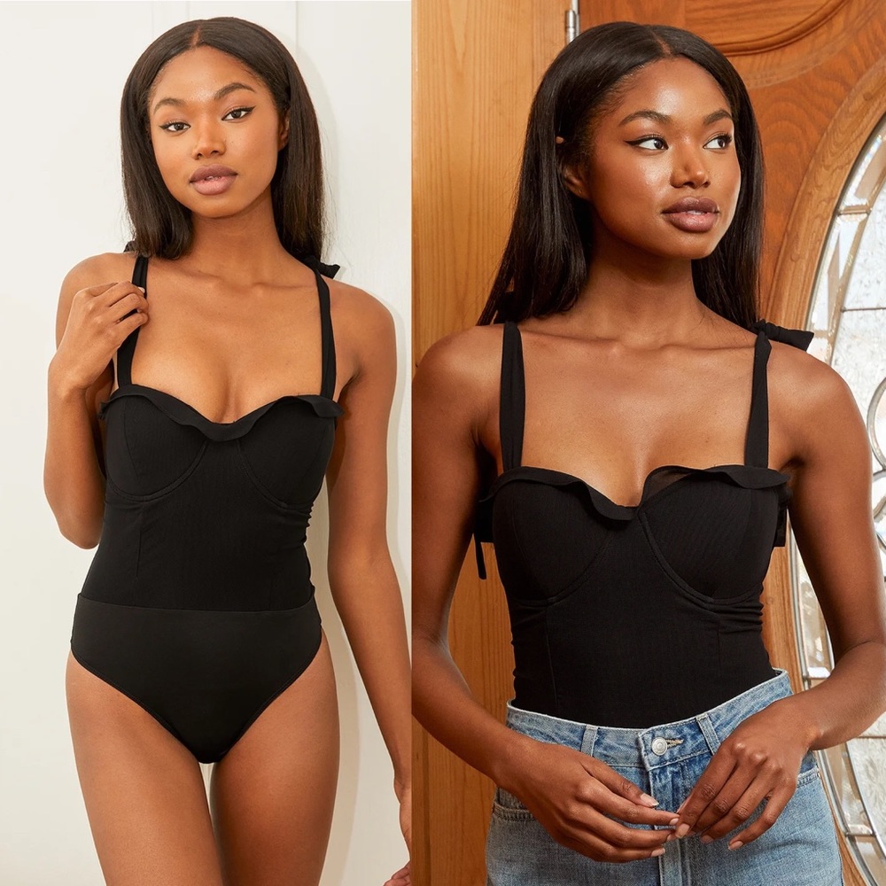 Lulus | Flirty Appeal Black Mesh Tie-Strap Bustier Bodysuit